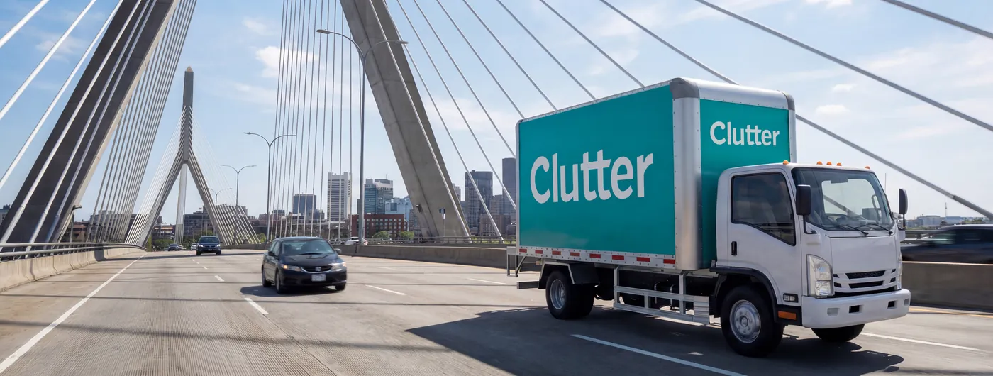 Clutter truck rendered crossing a Boston bridge, after