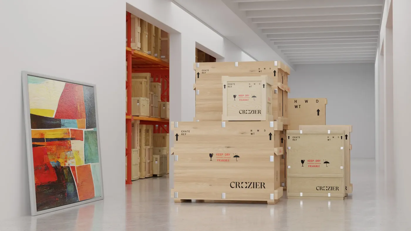Rendered fine-art storage hall with Crozier crates, after